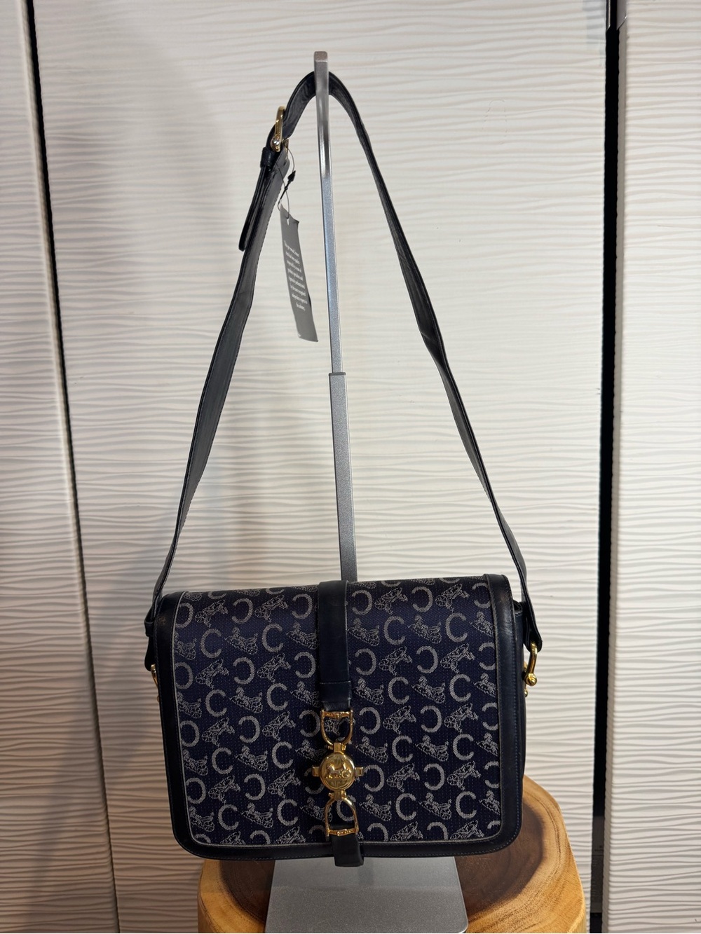 Vintage Celine Navy C Carriage Monogram Canvas Flap Shoulder Bag